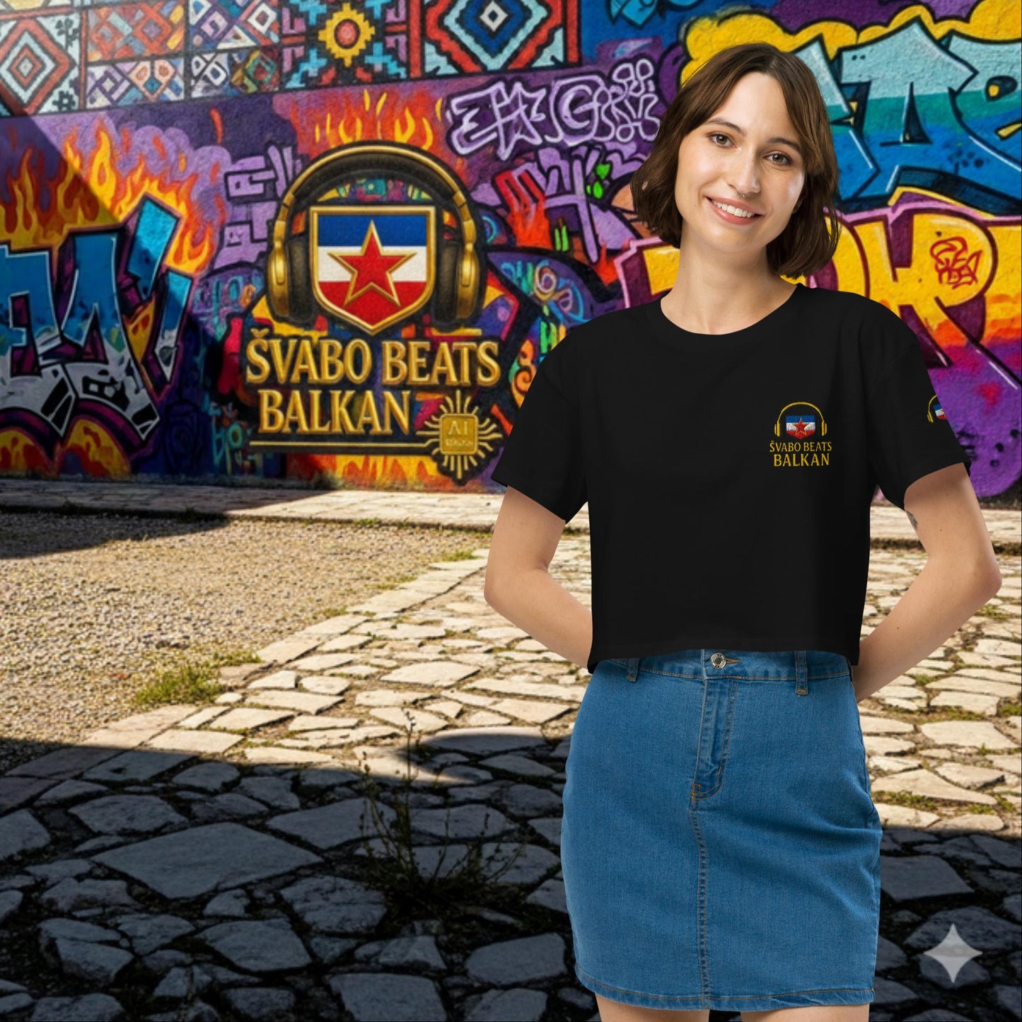 Ženska crop top majica sa vezenim grbom